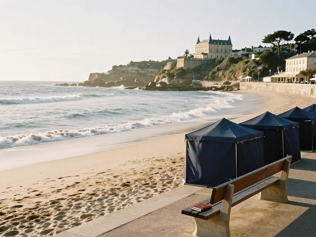 Littoral de Biarritz en été avec tentes de plage sous une lumière dorée.