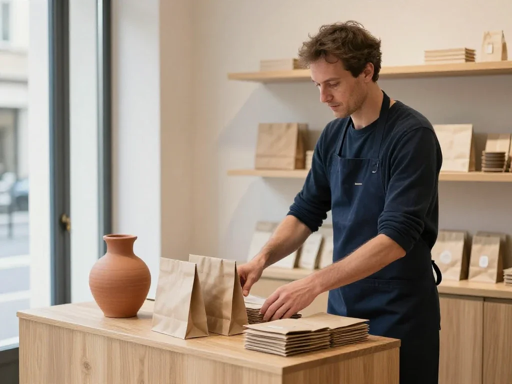 Un commerçant français de type européen organise ses produits dans une boutique moderne et chaleureuse.