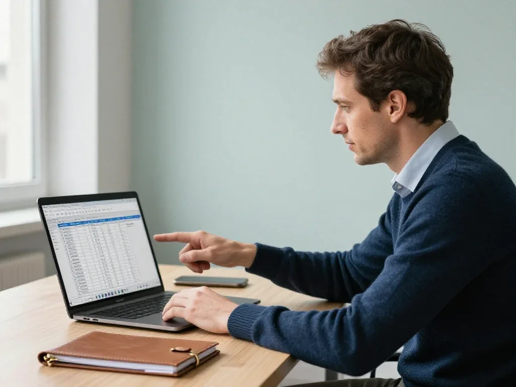 Un consultant informatique français de type européen apporte des conseils techniques devant un ordinateur portable.
