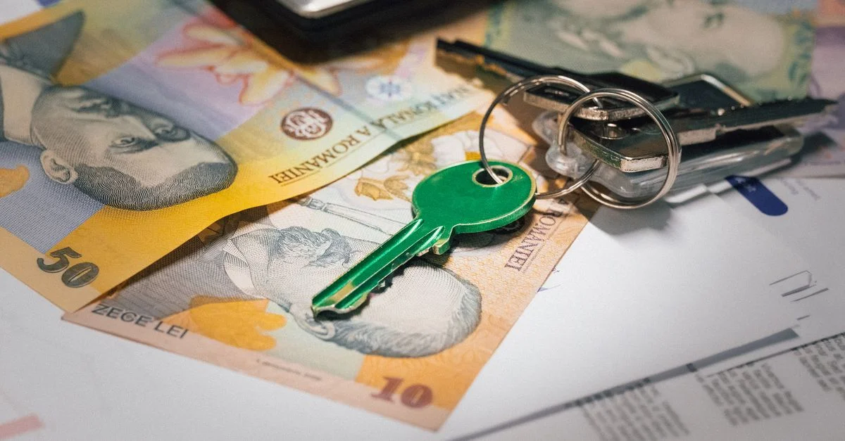 Gros plan sur des billets de banque roumains avec un ensemble de clés, représentant l'investissement immobilier et la planification financière.